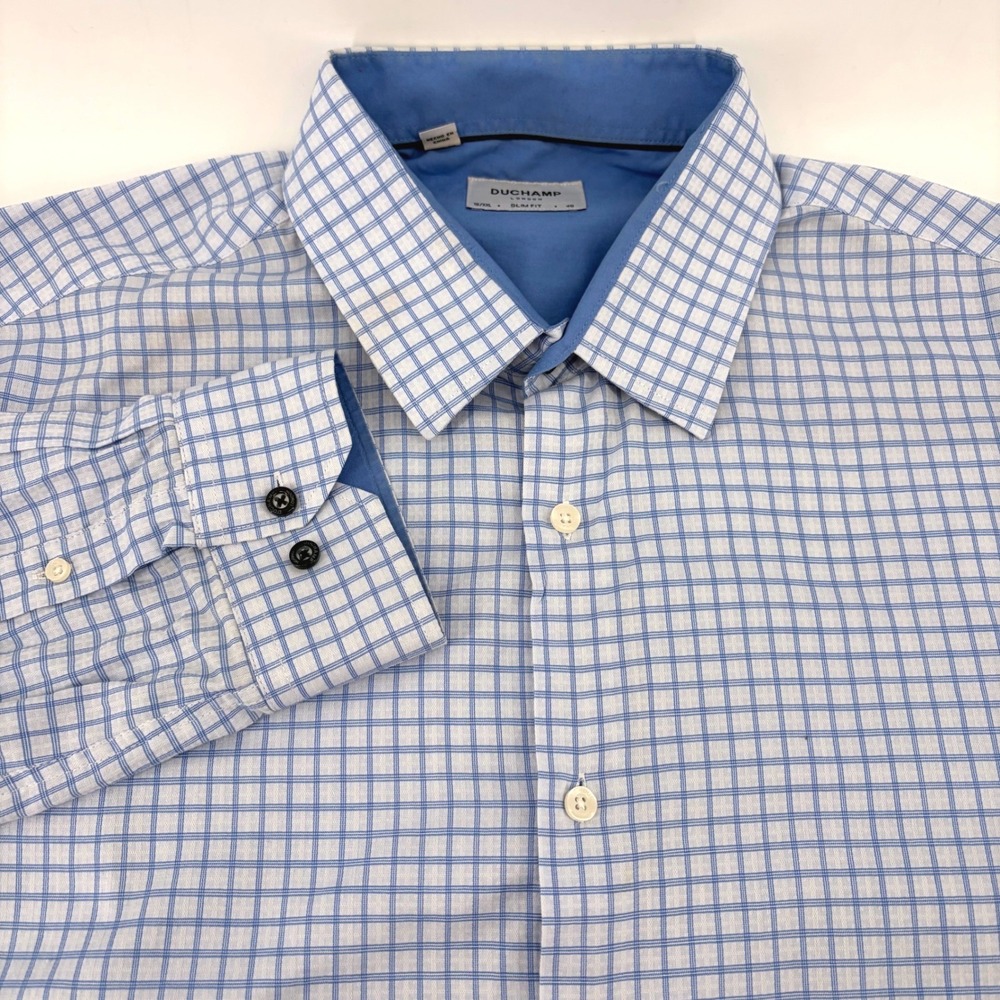 DUCHAMP LONDON Men's Blue Gingham Slim Fit Dress‎ Shirt 18 46